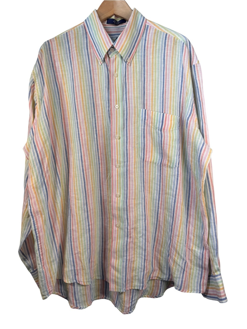 Alan Flusser 100% Linen Button Down Shirt Size XL Pastel Rainbow Stripe Preppy
